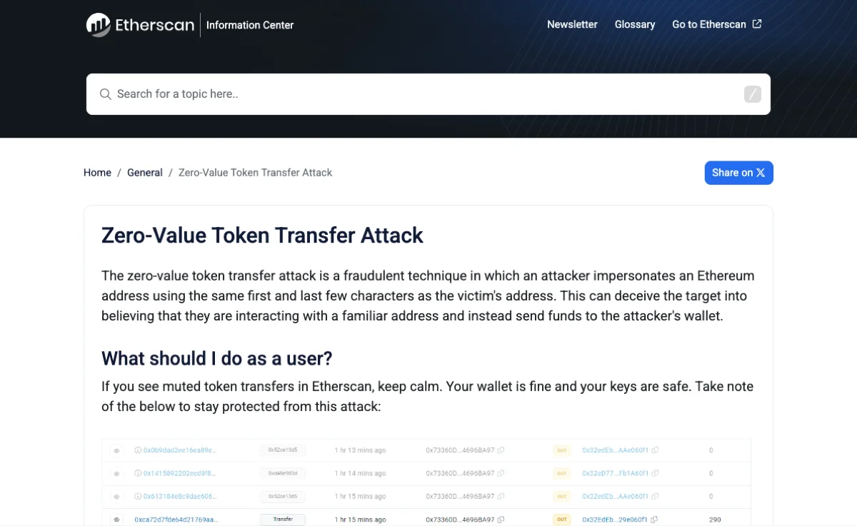 Etherscan 信息中心 Zero-Value Token Transfer Attack 页面,含零值转账被灰显的列表示例