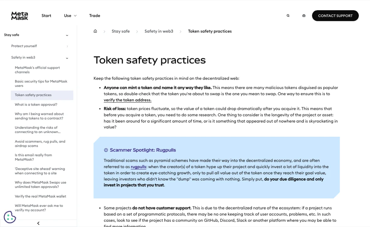 MetaMask 帮助中心 Token safety practices 页面开头,列出任何人都能铸造并任意命名代币