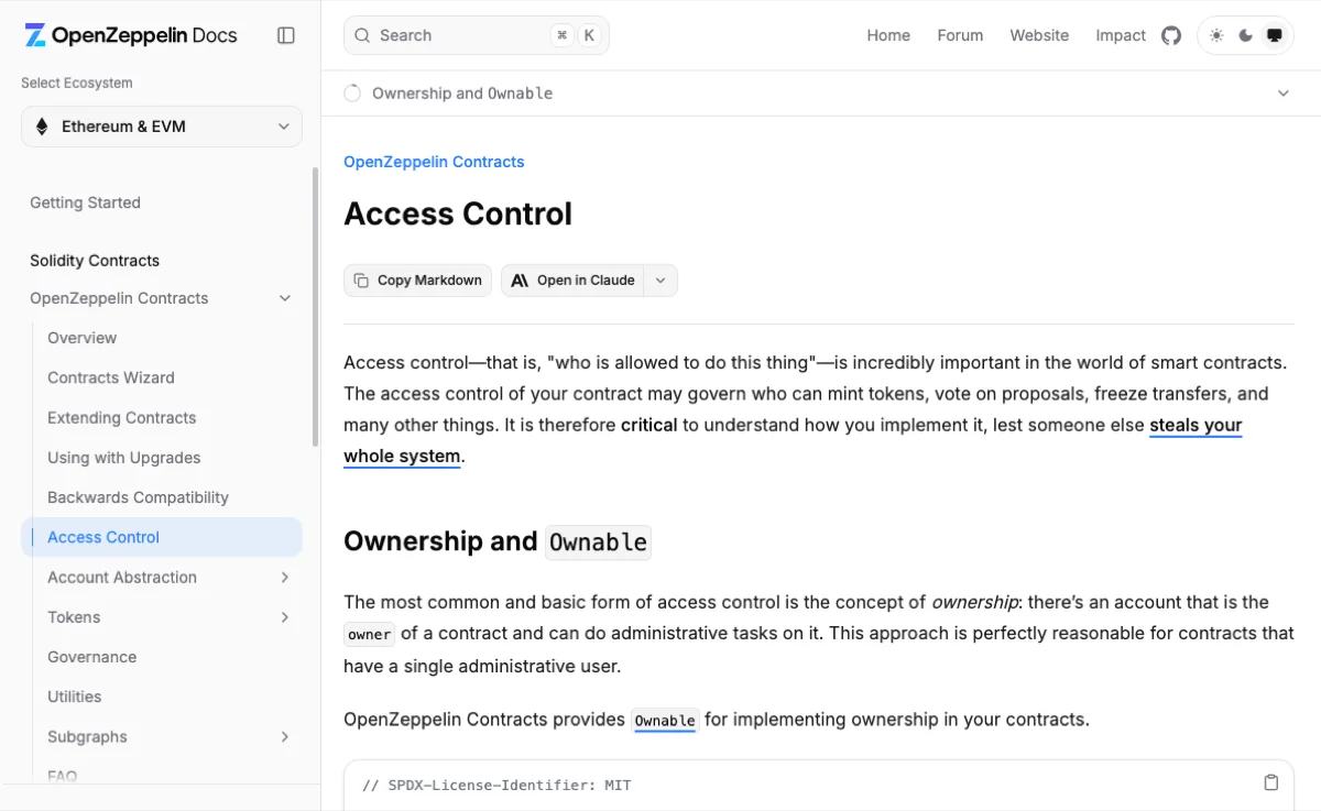 OpenZeppelin 文档 Access Control 页顶部:访问控制决定谁能铸币、对提案投票、冻结转账,下方接 Ownership and Ownable 一节
