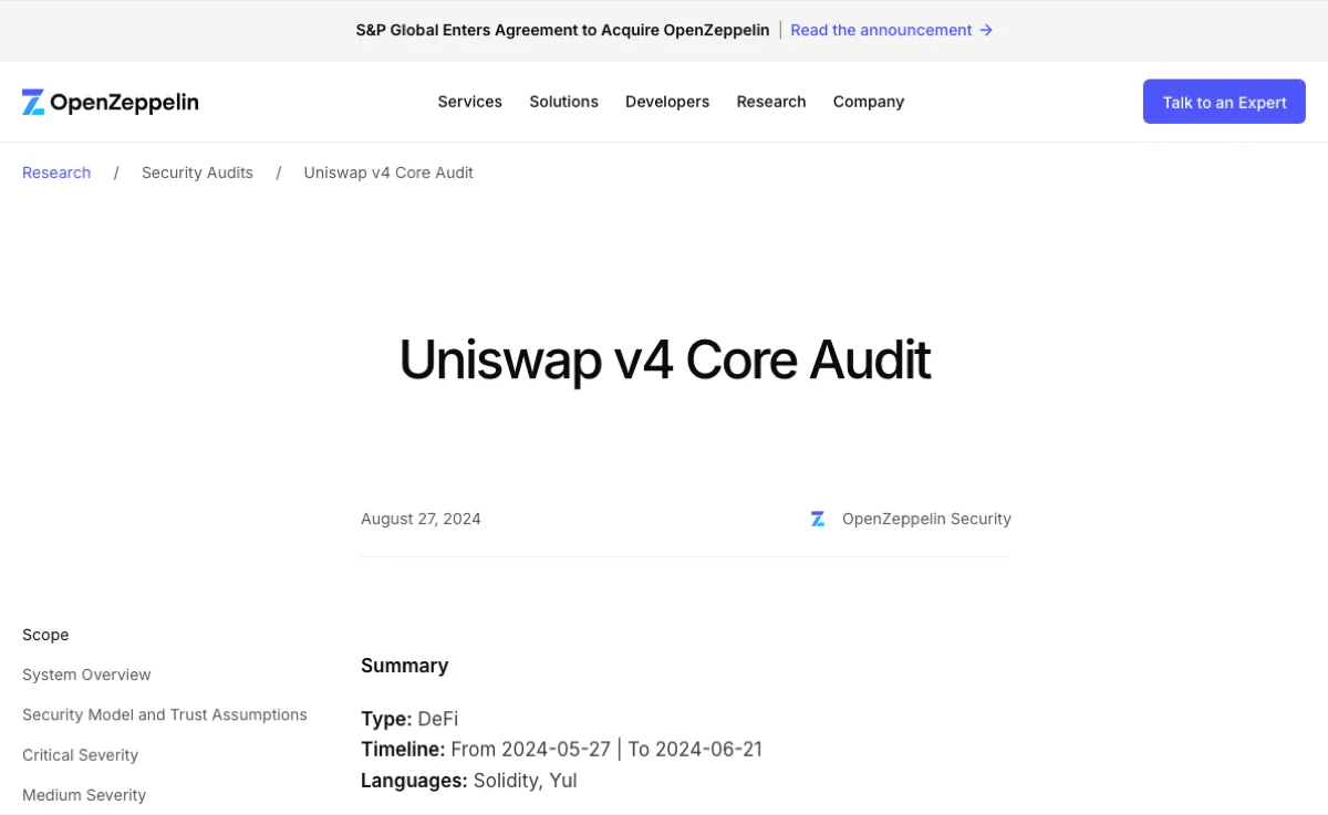 OpenZeppelin 官网 Uniswap v4 Core Audit 报告页顶部：面包屑 Research / Security Audits，标题、日期 August 27, 2024、署名 OpenZeppelin Security，Summary 中的 Type、Timeline、Languages，左侧目录含 Scope、Security Model and Trust Assumptions 等章节