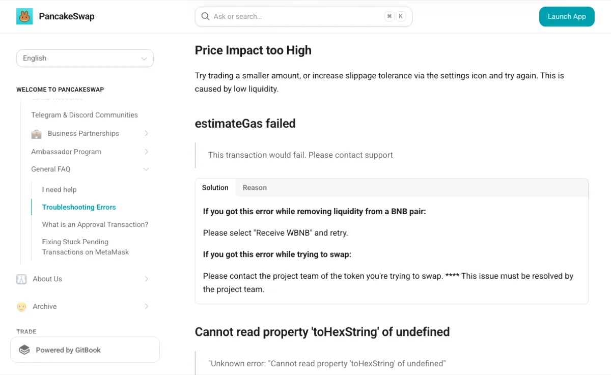 PancakeSwap 文档 Troubleshooting Errors 页中的 Price Impact too High 条目,写着建议少换一点或调高滑点容忍度,原因是流动性低