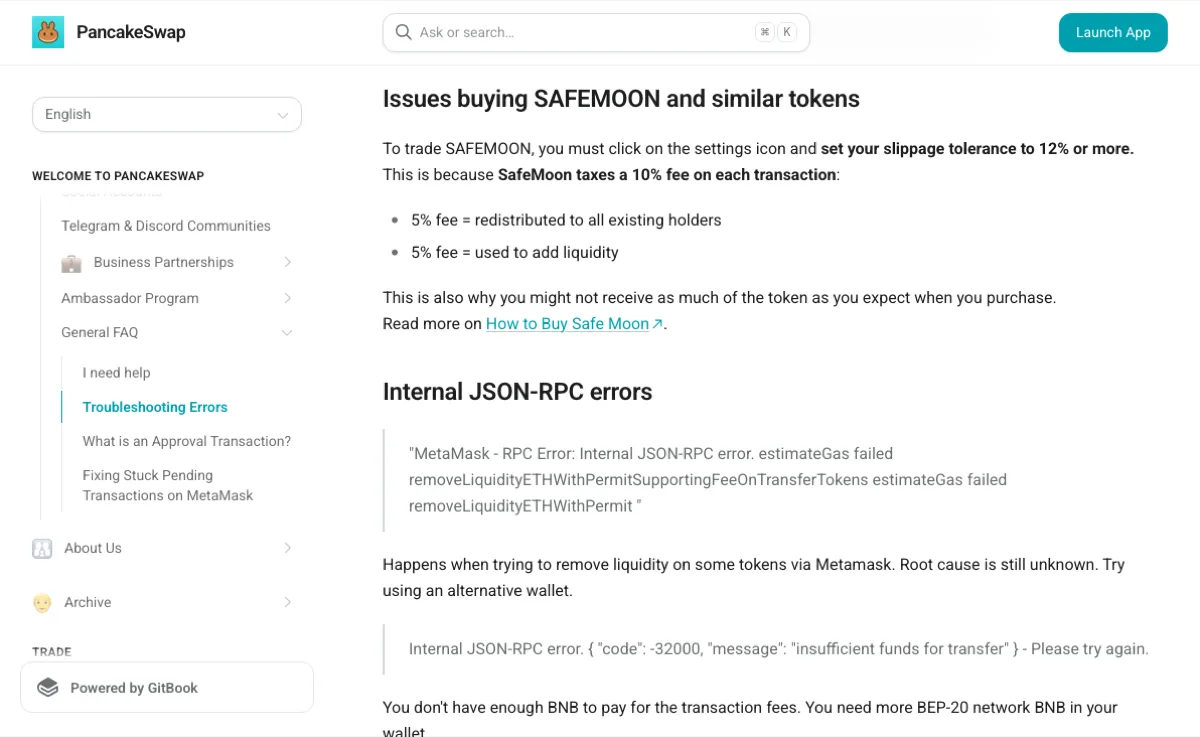 PancakeSwap 排障文档中 SAFEMOON 的历史举例：10% 转账费用对应 12% 或更高的滑点设置