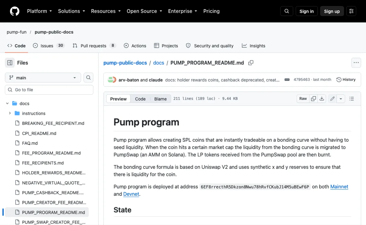 GitHub 上 pump-fun/pump-public-docs 仓库 docs/PUMP_PROGRAM_README.md 页面顶部,标题 Pump program,第一段写着币可在联合曲线上即时交易、达到一定市值后流动性迁移到 PumpSwap、从池子拿到的 LP 代币随后被销毁,下方是基于 Uniswap V2 和合成储备的公式说明及程序部署地址